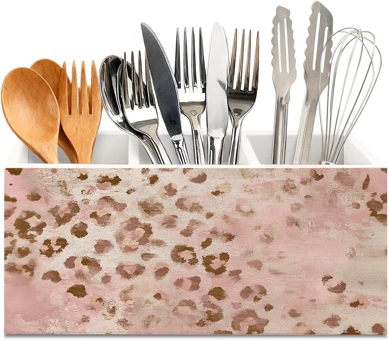 KBRCT Vintage Blush Pink Leopard Wooden Utensils Holder, Aesthetic Cheetah Print Wood Cooking Utensil Holder Organizer for Kitchen Countertop Counter Decor Accessories - Image 1